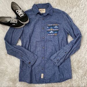 Hollister Blue & Aztec Denim Flannel Button Up Top